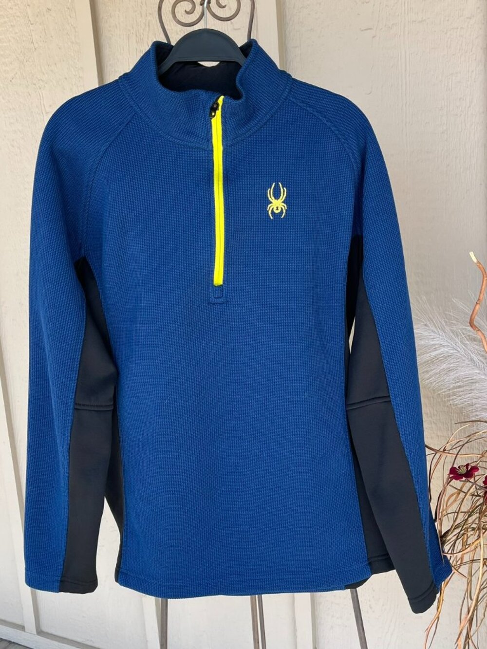 Spyder Pullover Outbound Quarter Zip Fleece Thermal Knit Blue Black Neon XL
